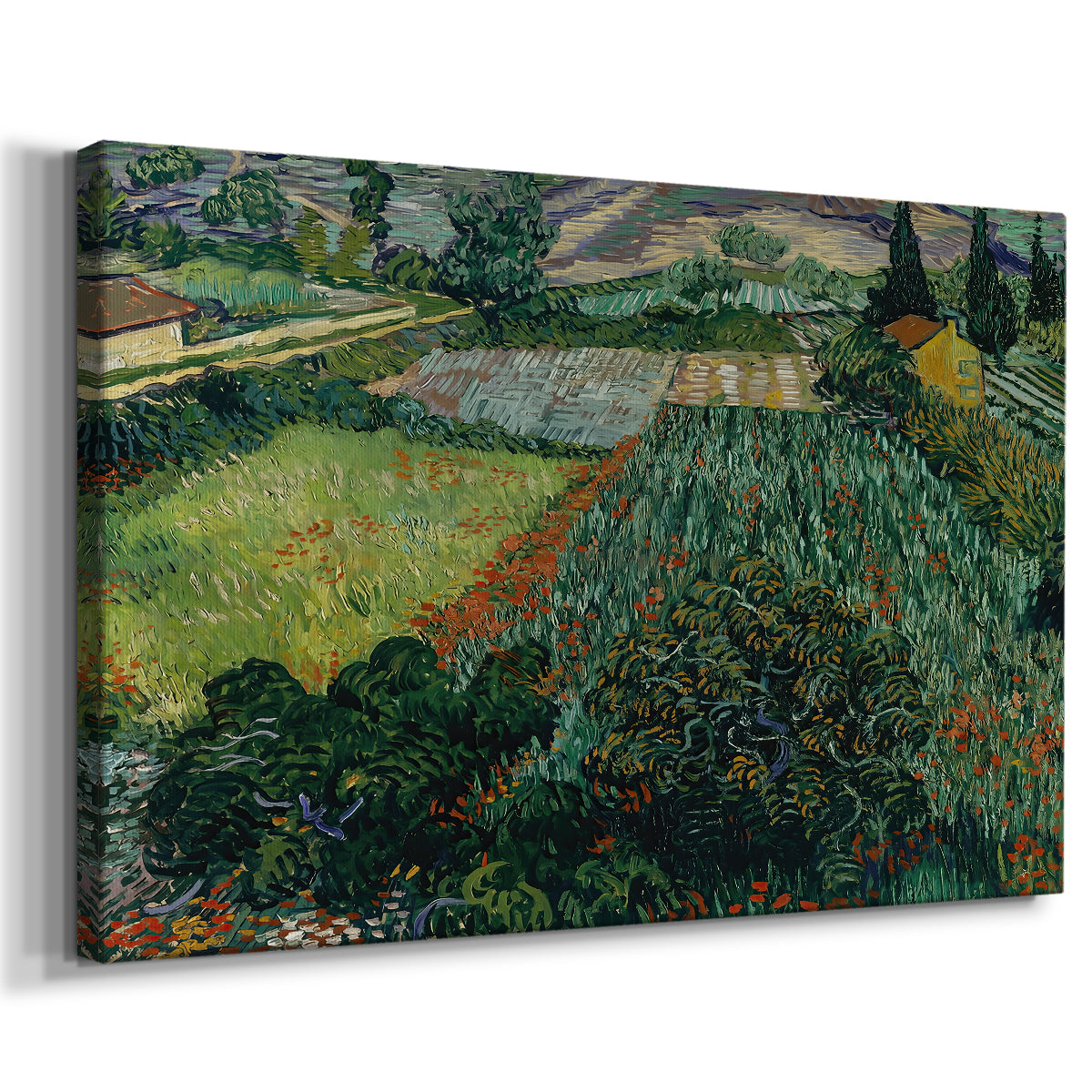Canvas art print featuring an expressive landscape with flowers and open countryside, displayed at an angle