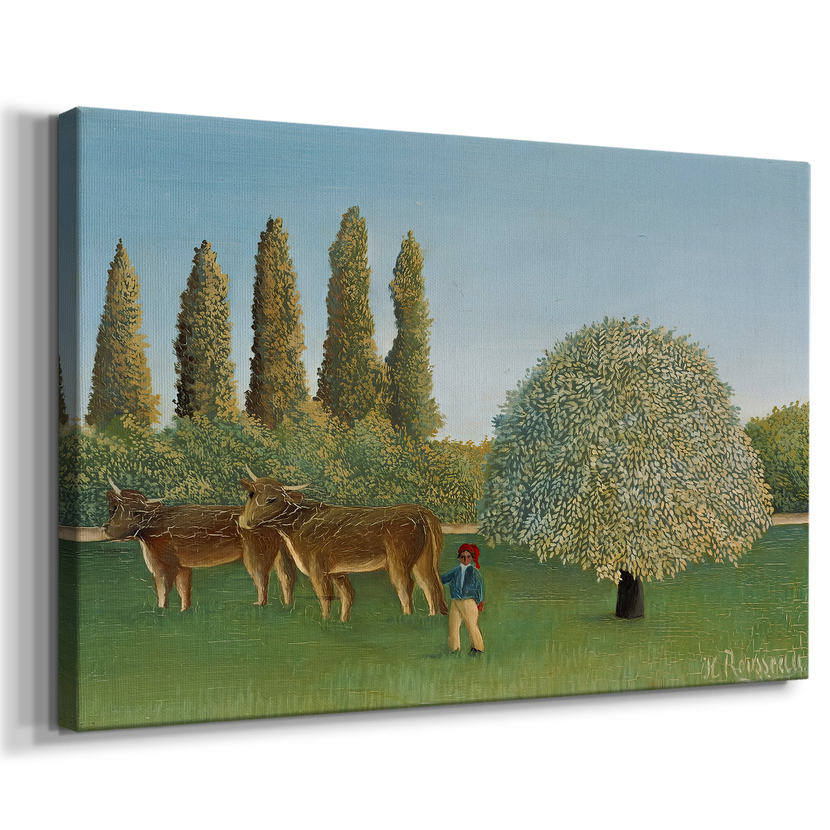 Canvas art print featuring a pastoral countryside with livestock scattered across field, displayed at an angle
