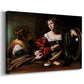 Canvas art print featuring a biblical scene of Martha speaking to Mary Magdalene indoors, displayed at an angle
