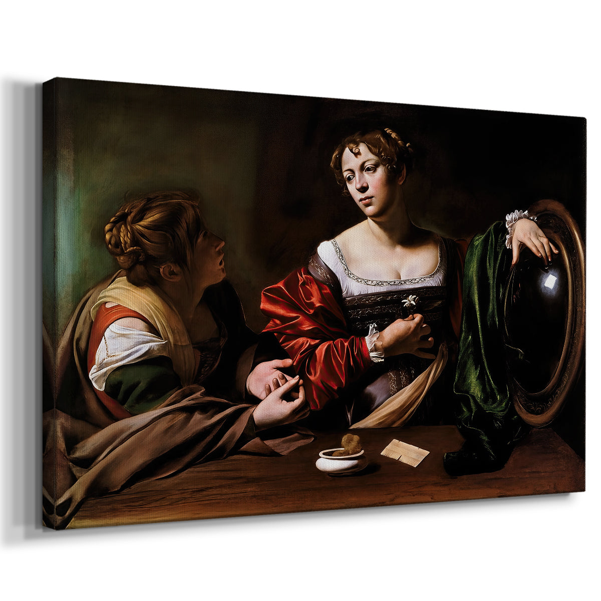 Canvas art print featuring a biblical scene of Martha speaking to Mary Magdalene indoors, displayed at an angle
