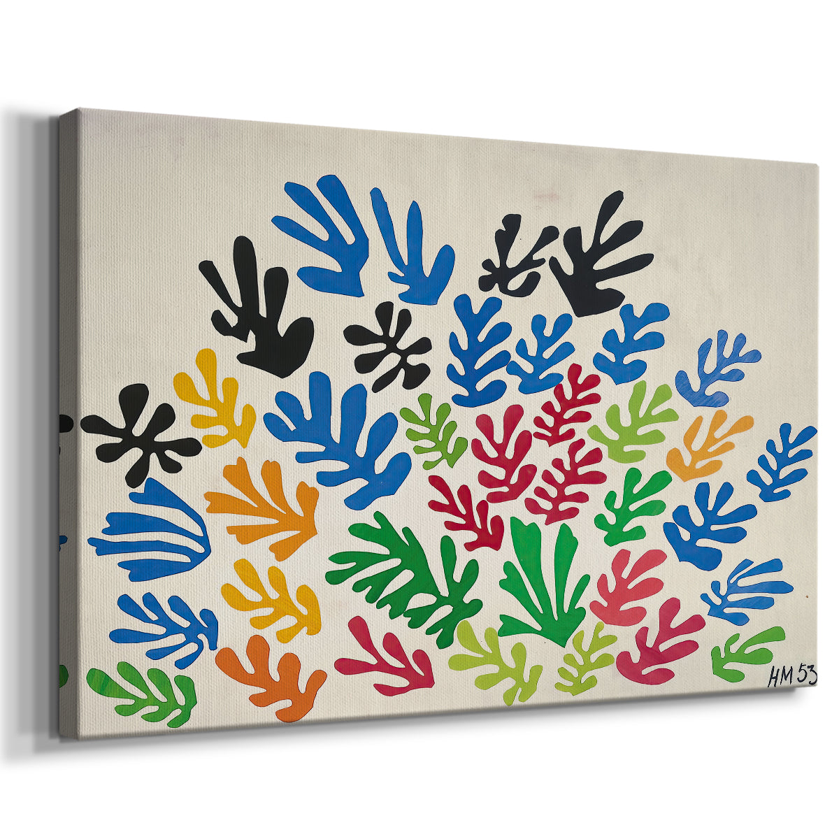 Canvas art print featuring a modernist cut-out composition with botanical forms, displayed at an angle