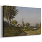 Canvas art print featuring a countryside scene featuring church building and greenery, displayed at an angle
