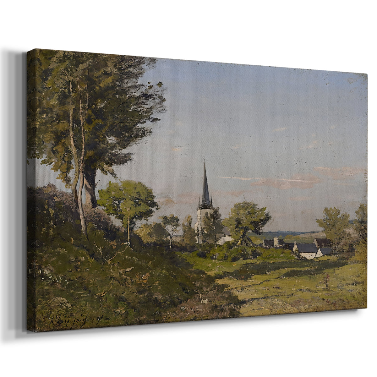 Canvas art print featuring a countryside scene featuring church building and greenery, displayed at an angle