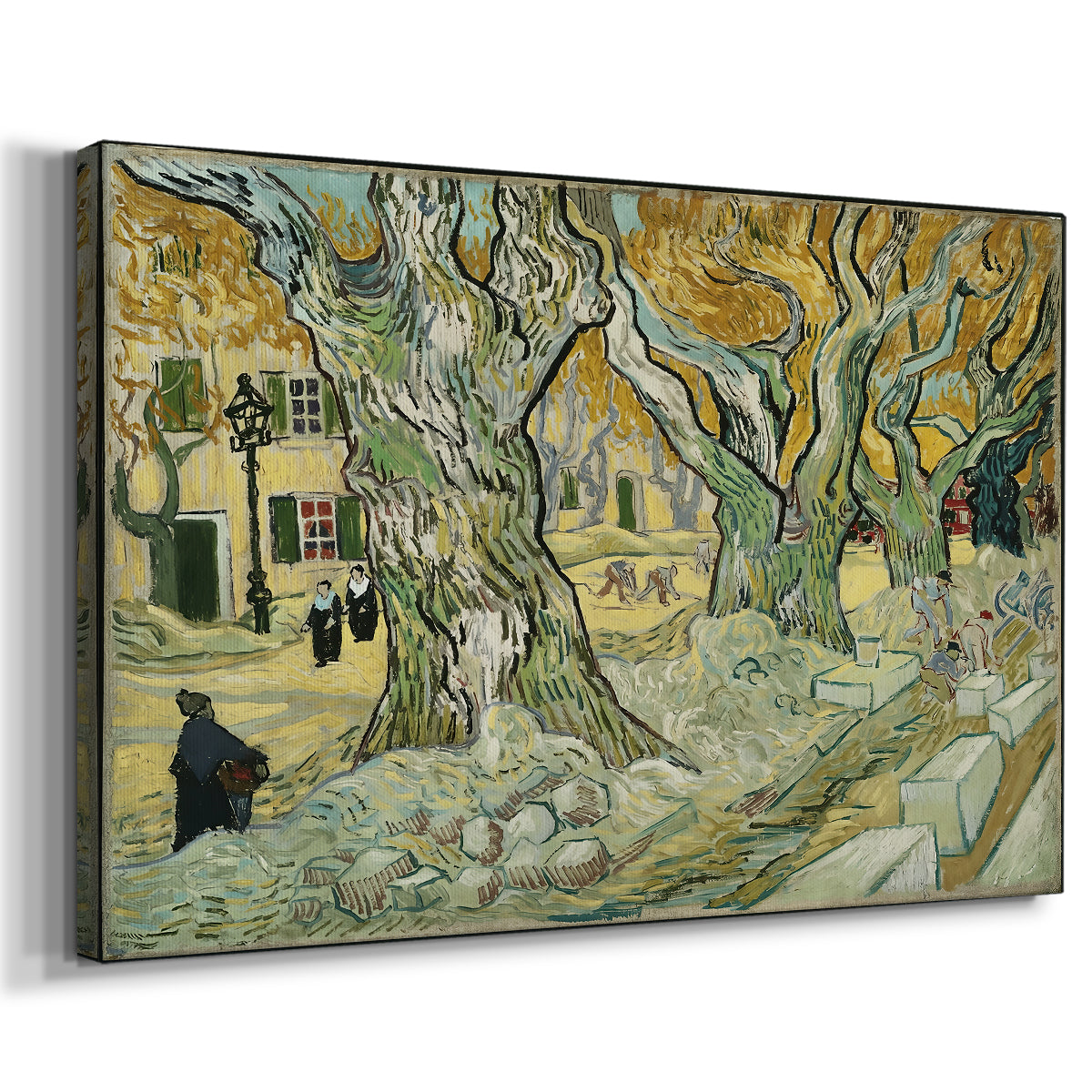 Canvas art print featuring an outdoor scene with figures working beneath spreading tree canopy, displayed at an angle