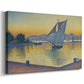 Canvas art print featuring a nautical evening scene with vessels on water, displayed at an angle