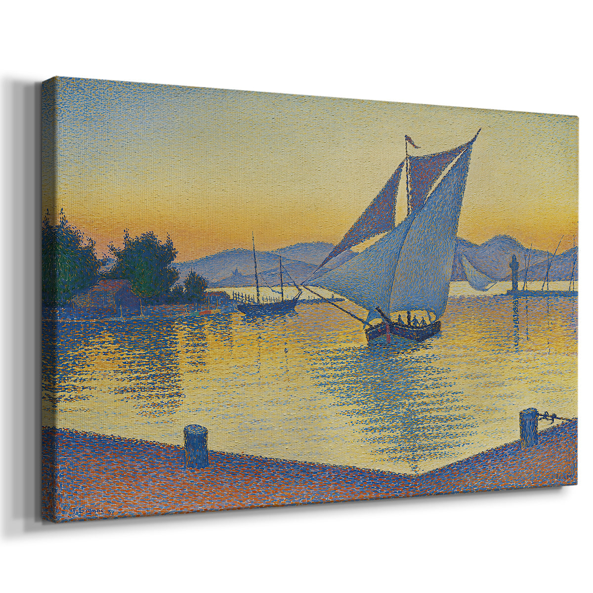 Canvas art print featuring a nautical evening scene with vessels on water, displayed at an angle