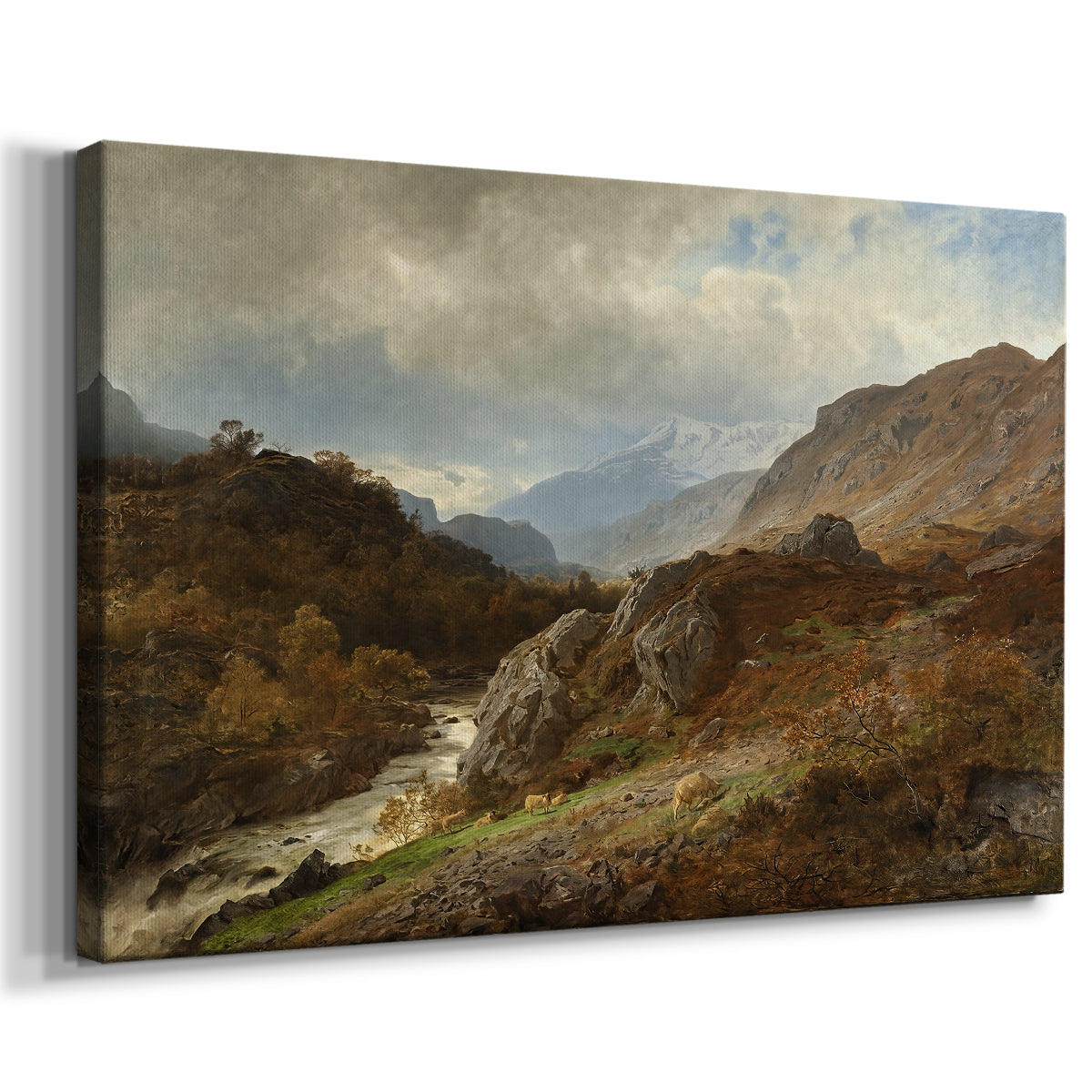 Canvas art print featuring a dramatic landscape with rocky slopes and expansive view, displayed at an angle
