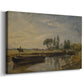 Canvas art print featuring a riverside scene with boat and calm water, displayed at an angle