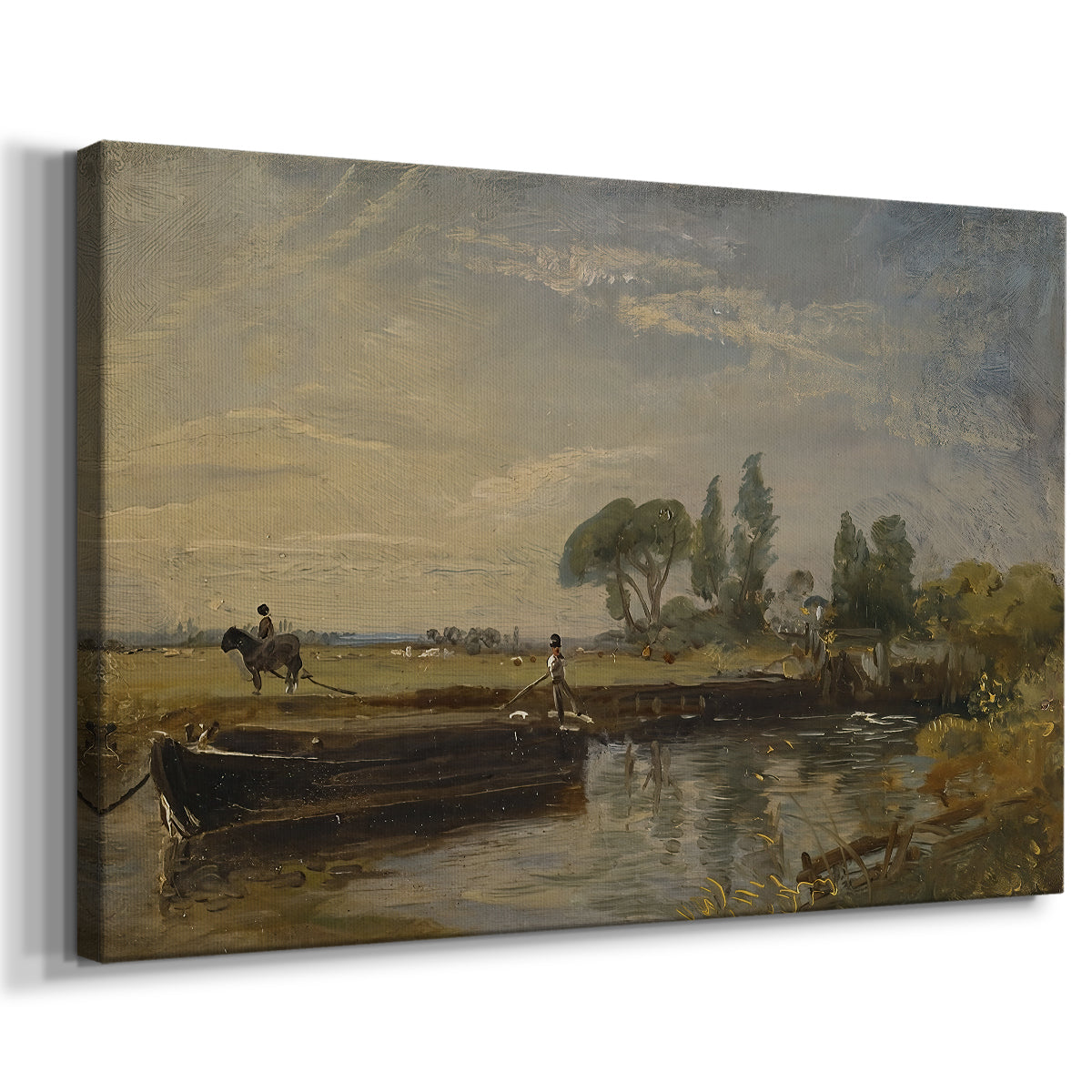 Canvas art print featuring a riverside scene with boat and calm water, displayed at an angle