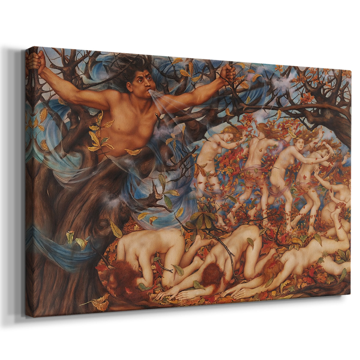 Canvas art print featuring a mythological scene of wind god Boreas moving through autumn leaves, displayed at an angle
