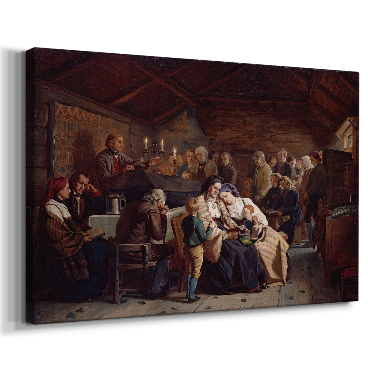 Canvas art print featuring a communal meal scene with mourners gathered in rustic interior setting, displayed at an angle