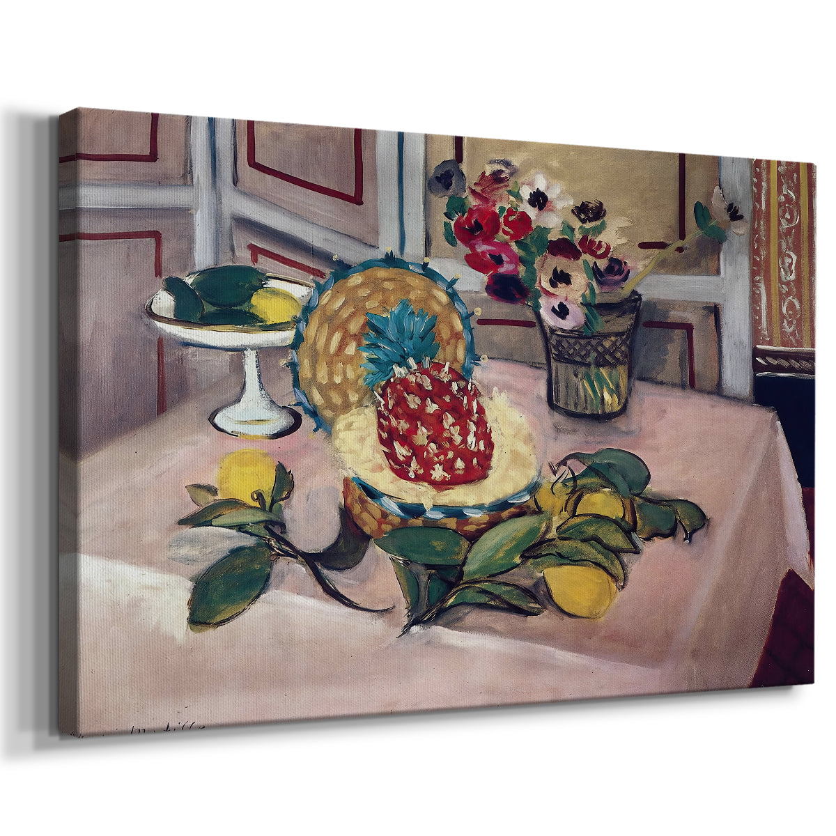 Canvas art print featuring an expressive arrangement of pineapple and citrus on a table, displayed at an angle