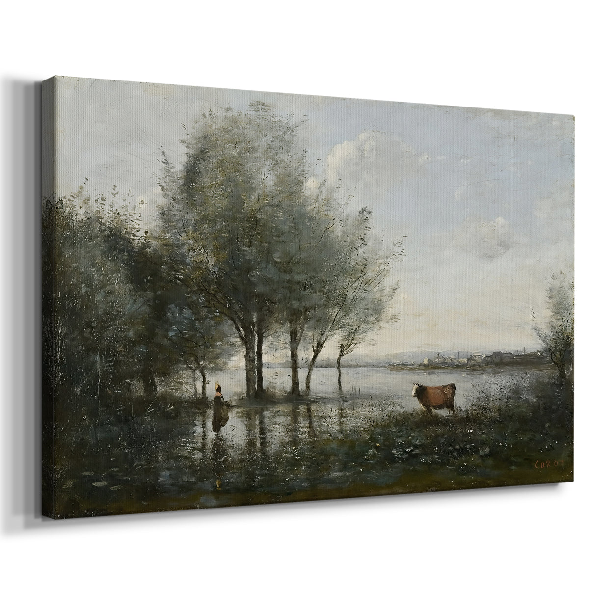 Canvas art print featuring a tranquil wetland scene with reflections and vegetation, displayed at an angle