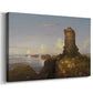 Canvas art print featuring a romantic seascape with cliffside structure, displayed at an angle