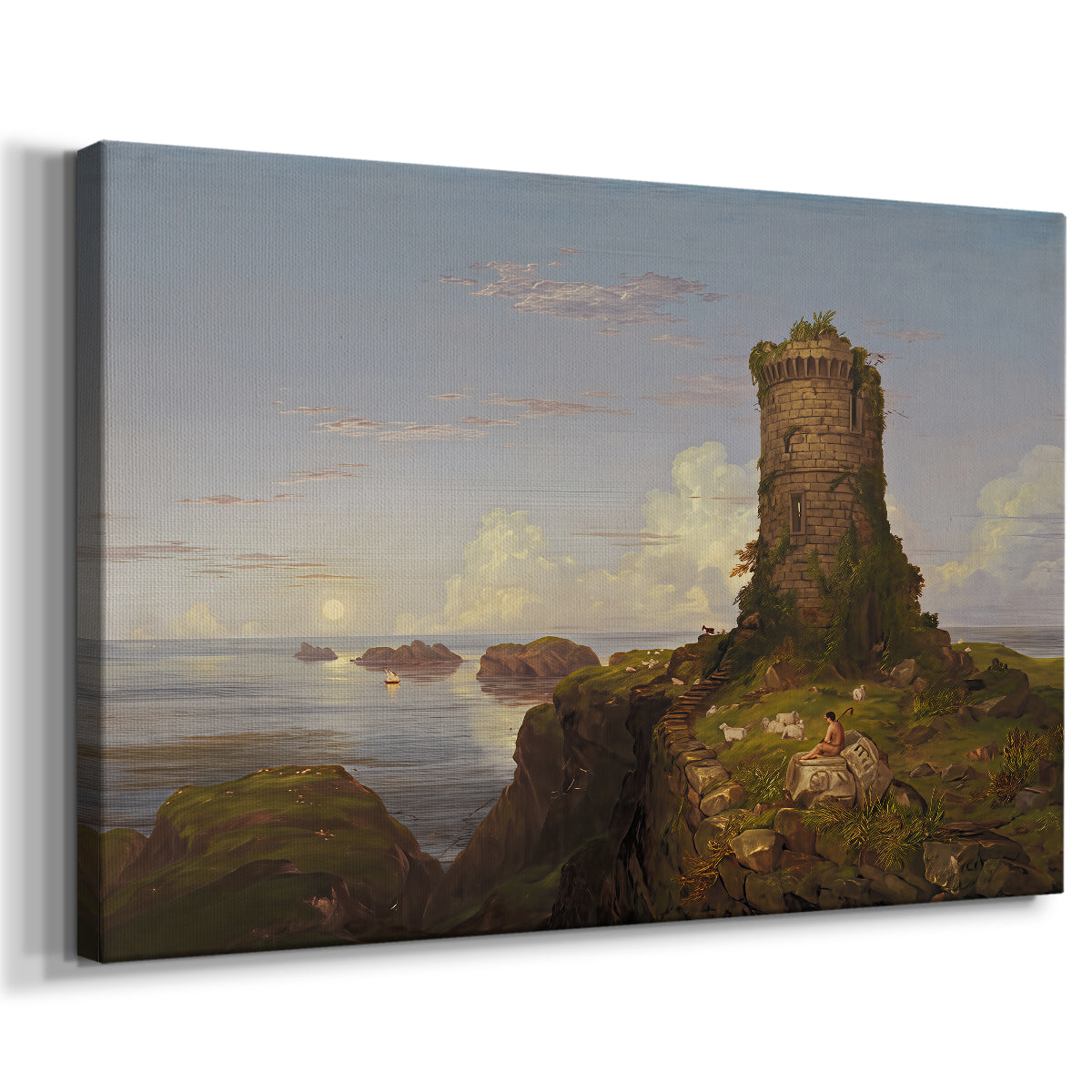 Canvas art print featuring a romantic seascape with cliffside structure, displayed at an angle