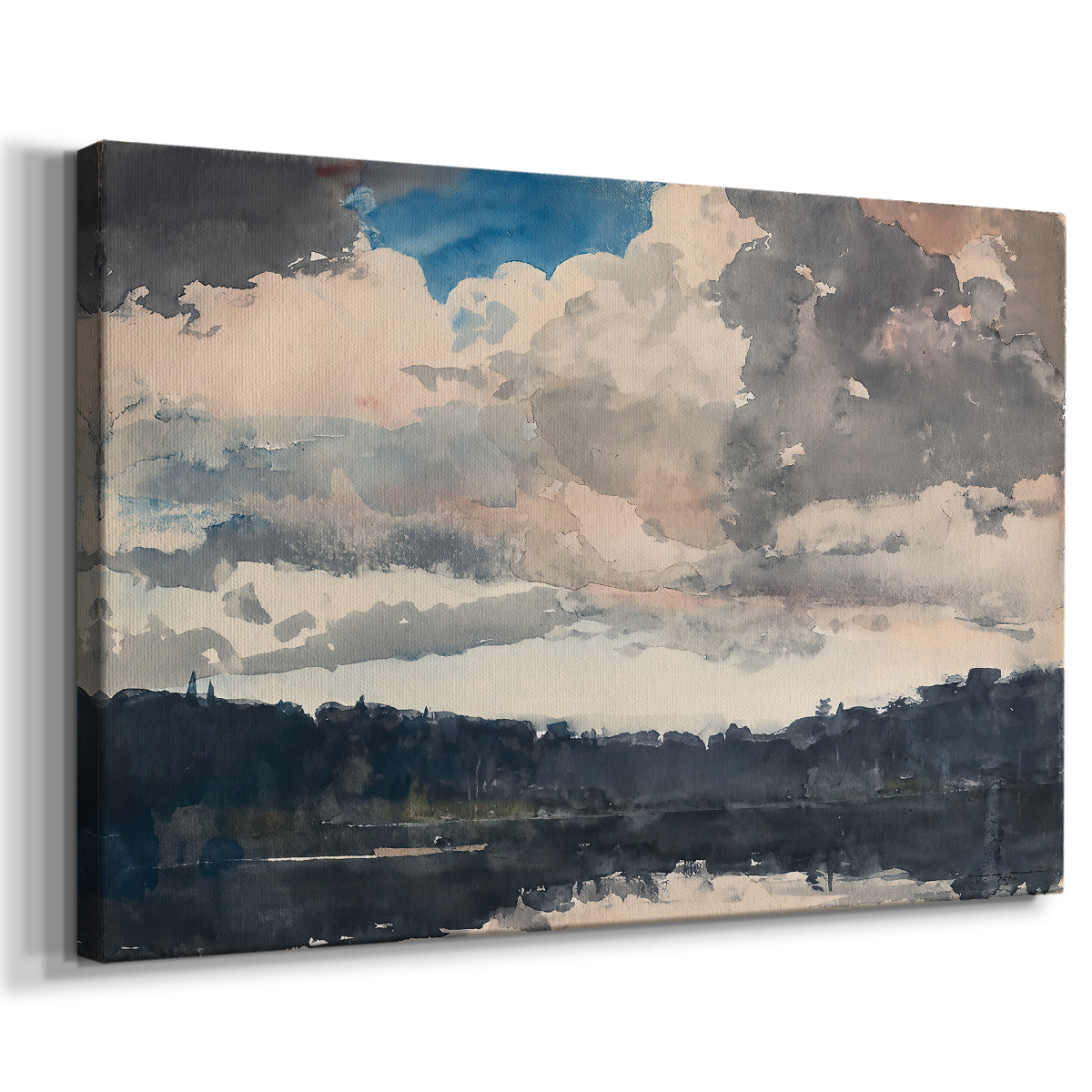 Canvas art print featuring a quiet inland water scene with isolated vessel, displayed at an angle