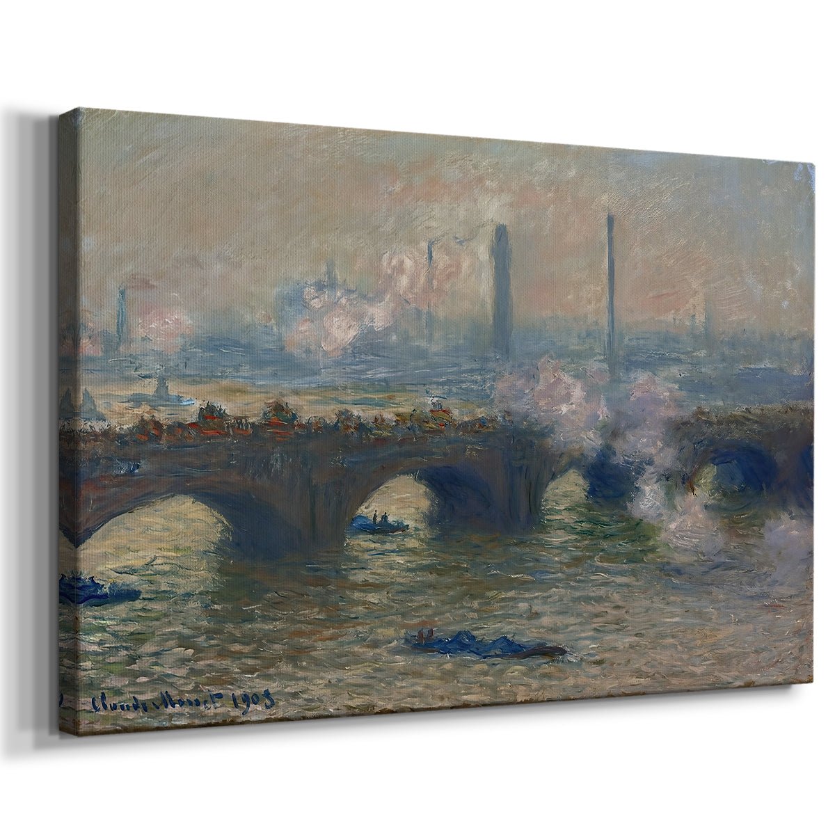 Canvas art print featuring an impressionist depiction of bridge with soft gray tones and haze, displayed at an angle