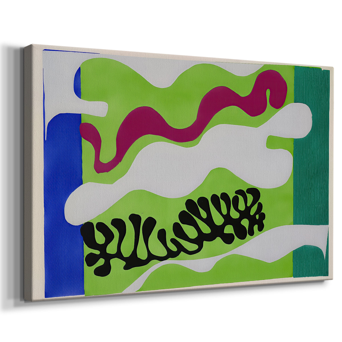 Canvas art print featuring a colorful modernist collage inspired by a lagoon, displayed at an angle