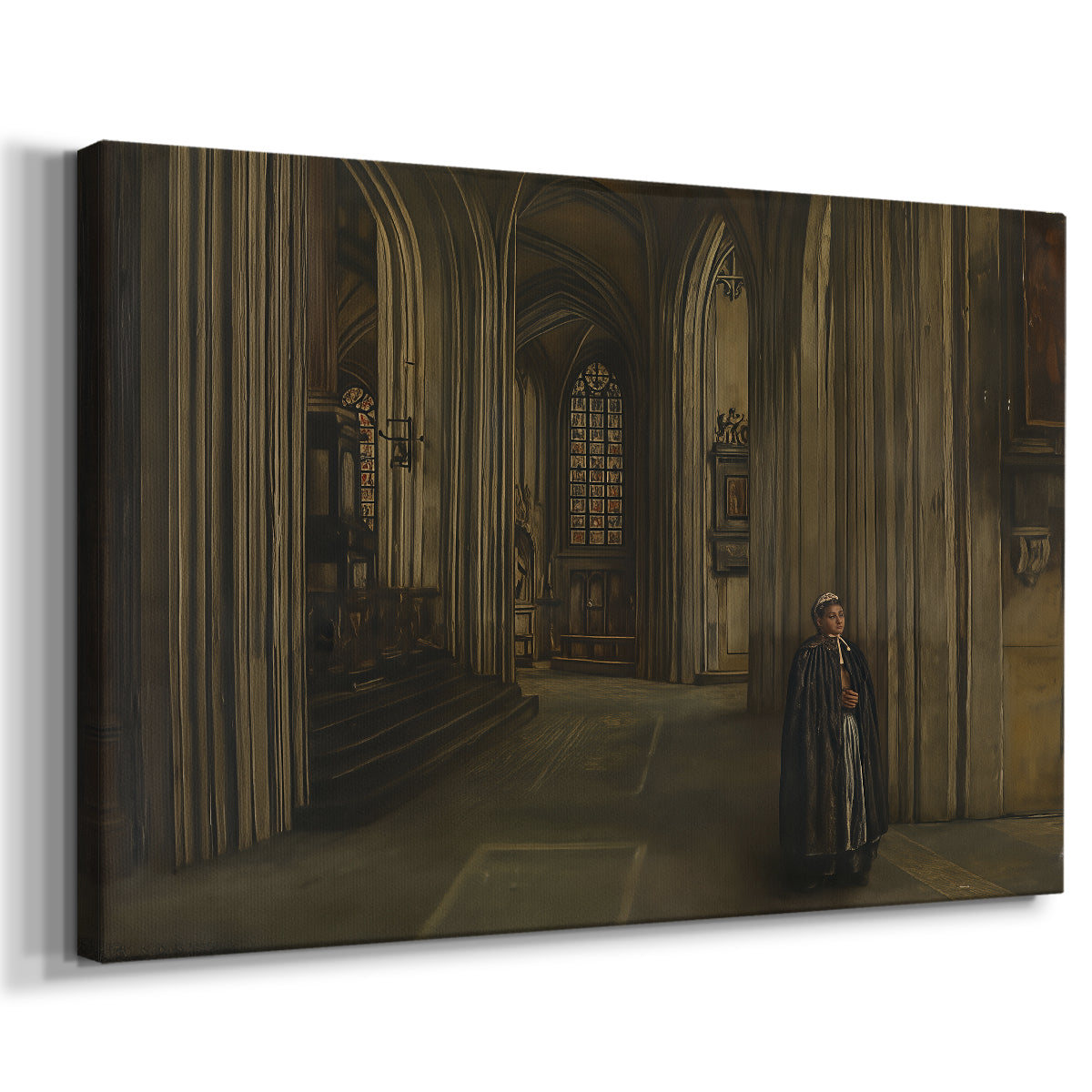 Canvas art print featuring an architectural space with tall ceilings and empty interior, displayed at an angle