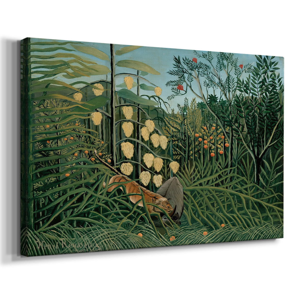 Canvas art print featuring a dramatic animal struggle set within tropical vegetation, displayed at an angle