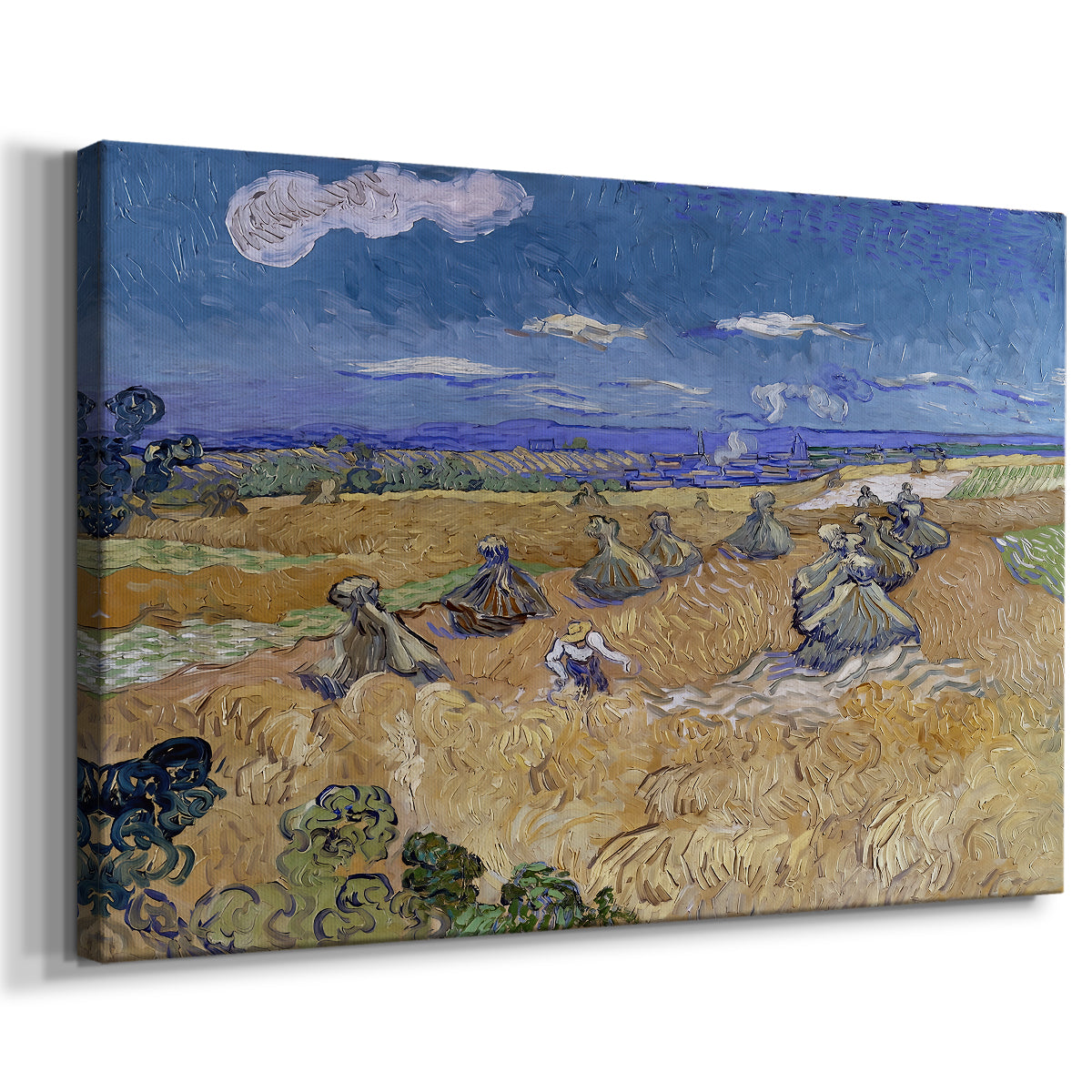 Canvas art print featuring a rural labor scene with reaper among crops, displayed at an angle