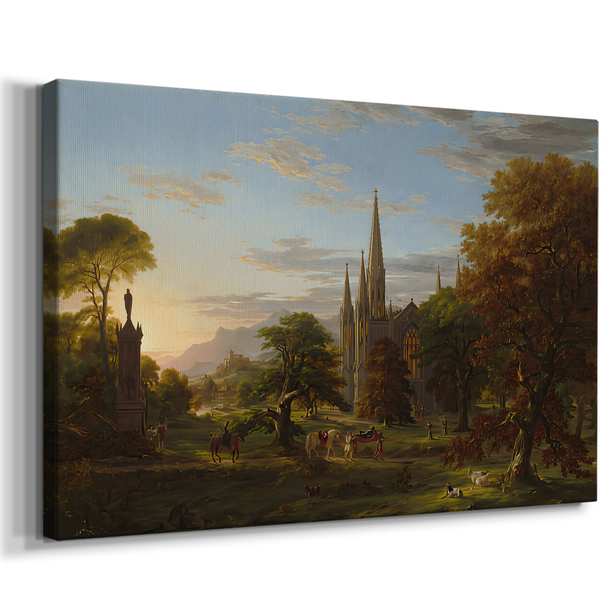 Canvas art print featuring a figures approaching settlement within expansive landscape under warm light, displayed at an angle