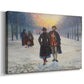 Canvas art print featuring a winter setting with people moving along snow-covered road, displayed at an angle