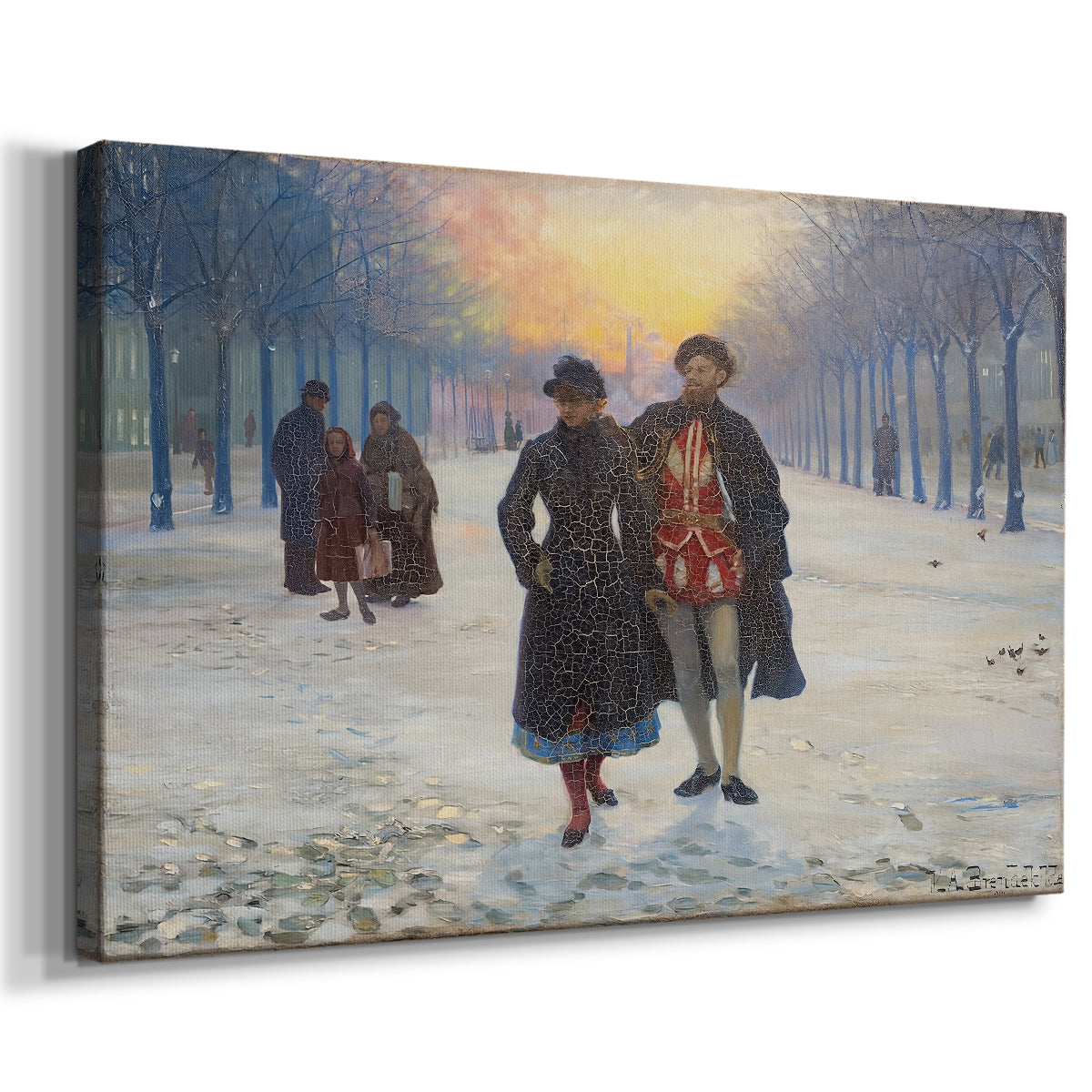 Canvas art print featuring a winter setting with people moving along snow-covered road, displayed at an angle