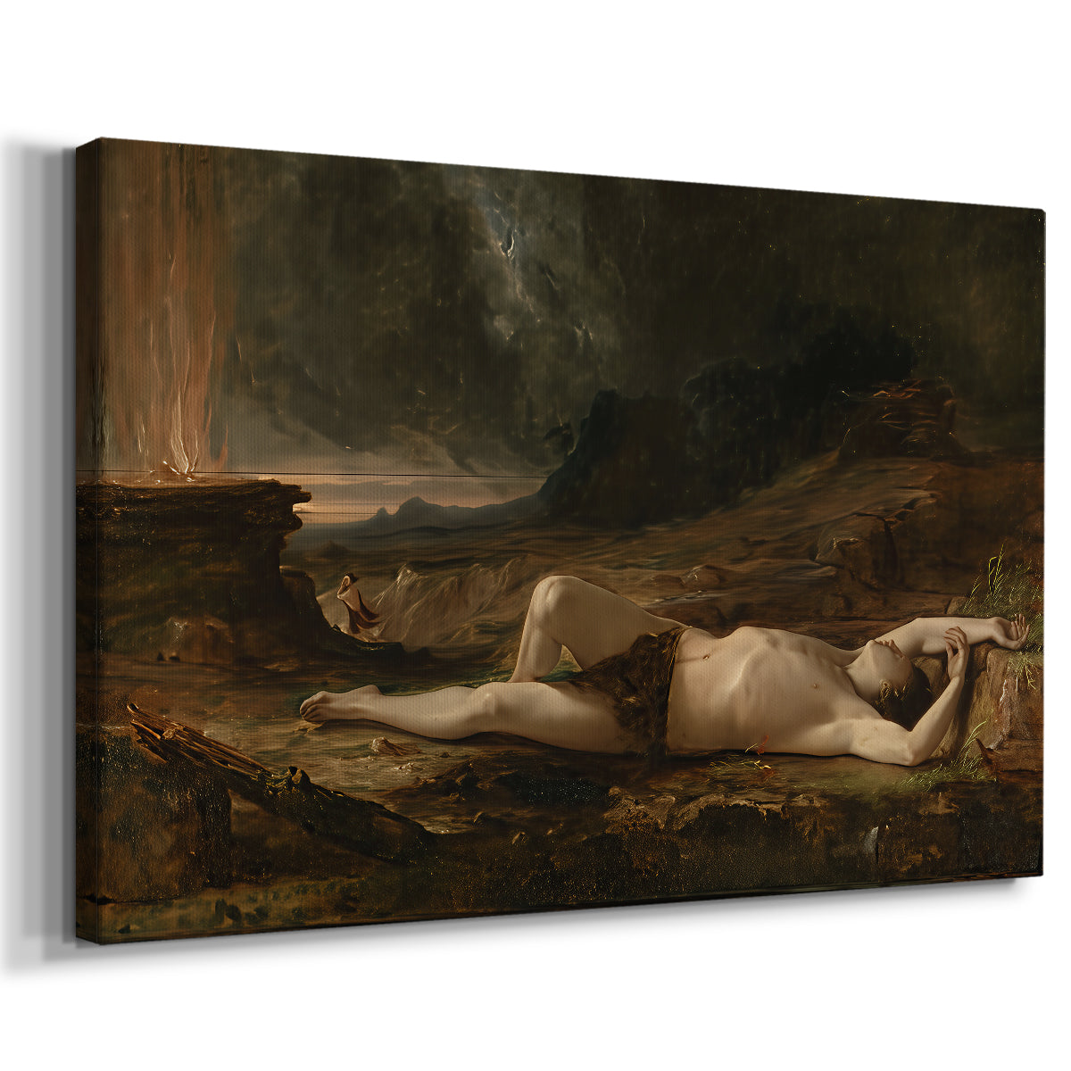 Canvas art print featuring a lifeless figure lying in barren landscape under somber sky, displayed at an angle