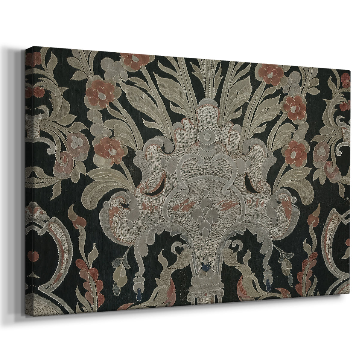 Canvas art print featuring a textile design combining organic shapes and patterned background, displayed at an angle
