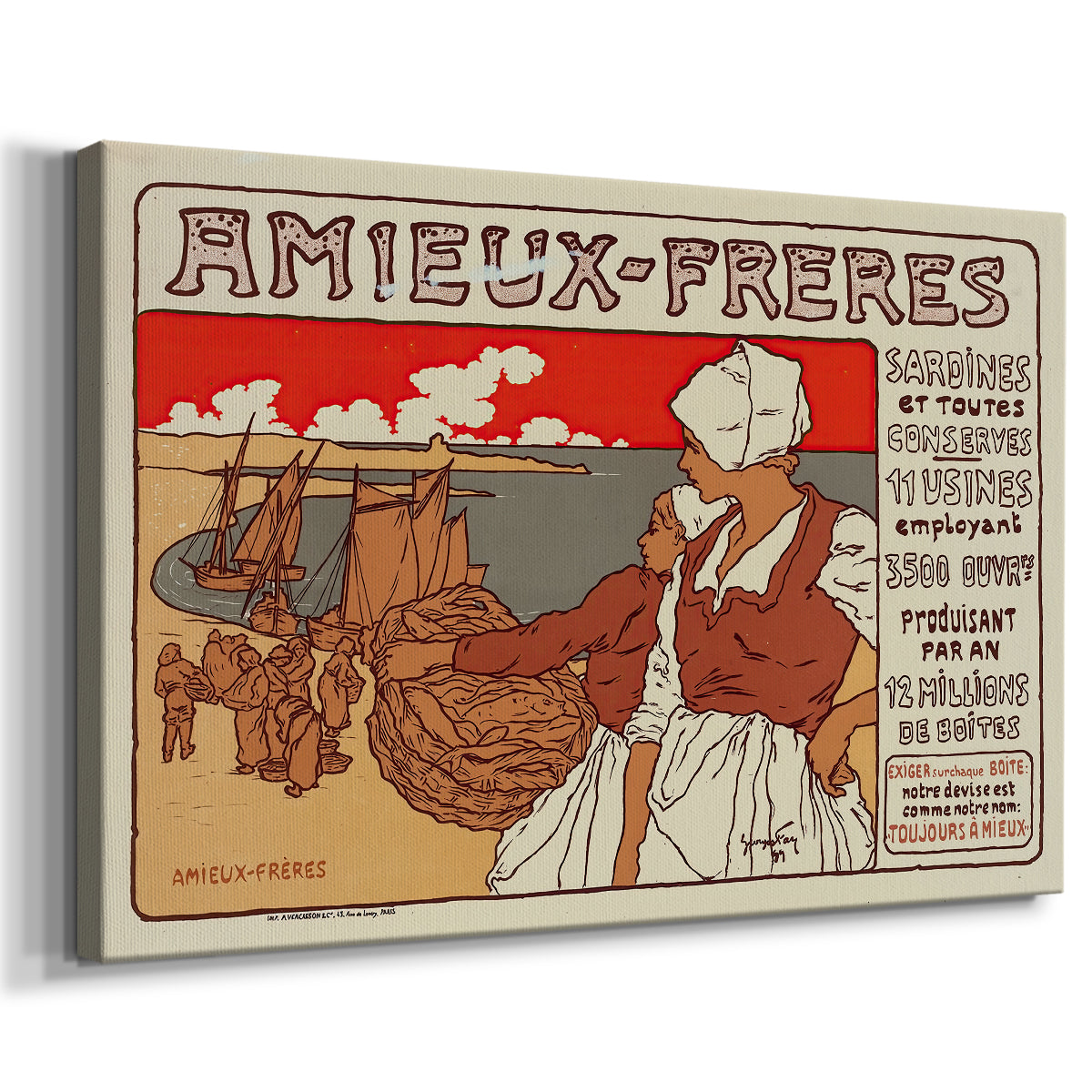 Canvas art print featuring a colorful poster design featuring stylized people and ornate lettering, displayed at an angle