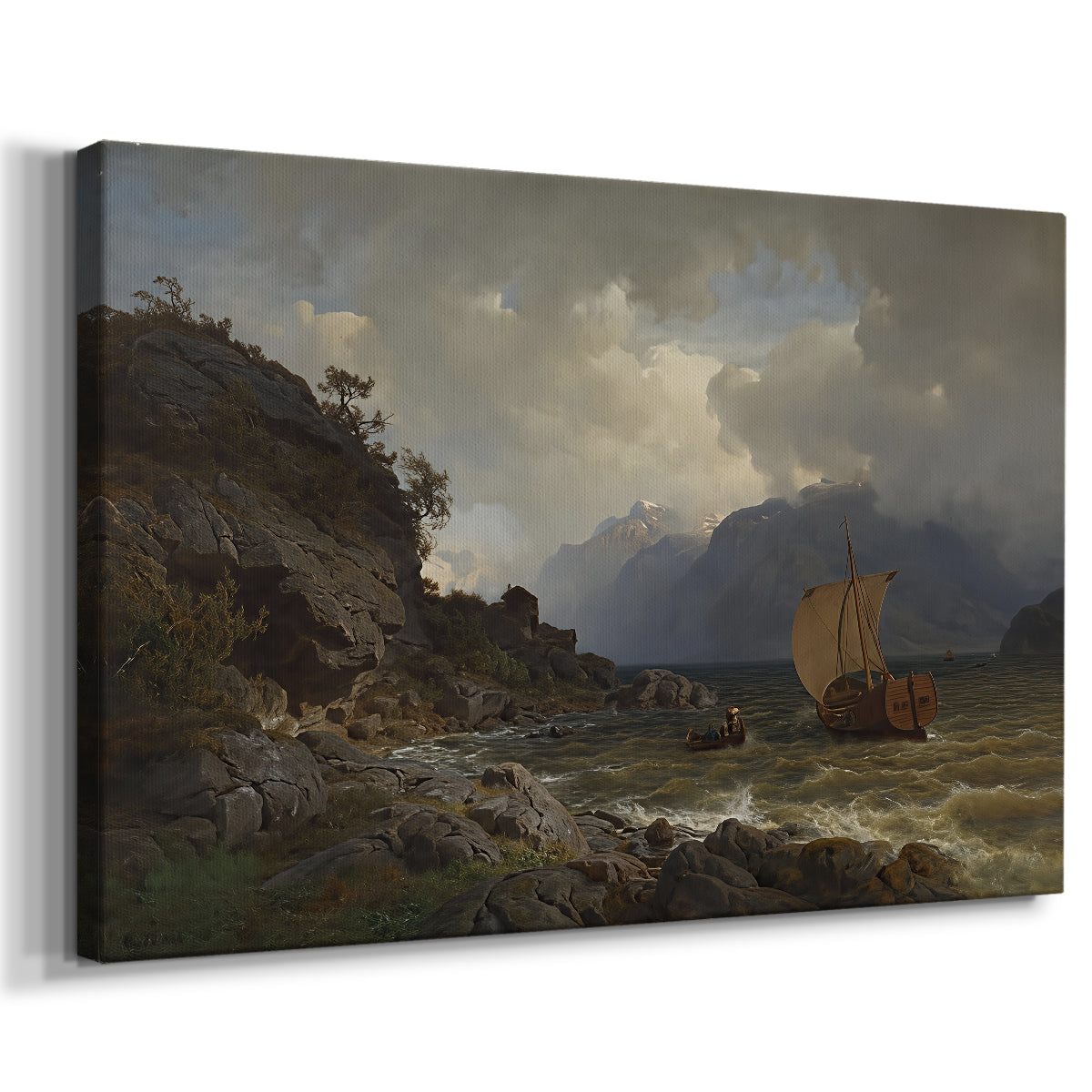 Canvas art print featuring a dramatic coastal landscape with rocky shore and sea, displayed at an angle