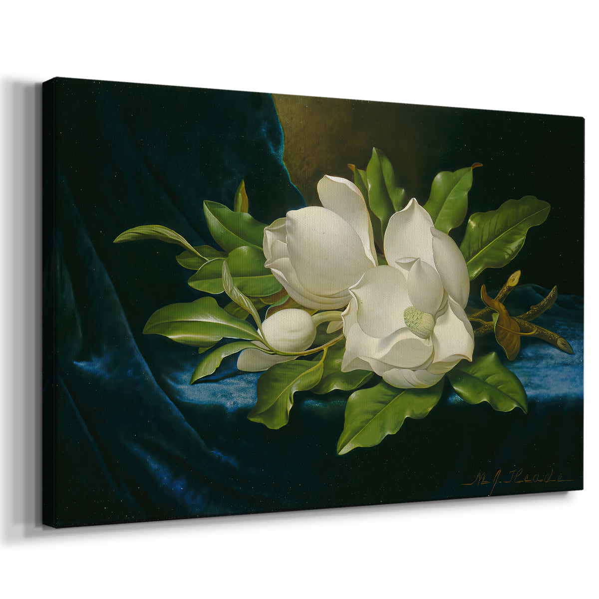 Canvas art print featuring a floral still life with multiple blossoms, displayed at an angle