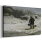 Canvas art print featuring a rural winter scene with people braving snowy conditions, displayed at an angle