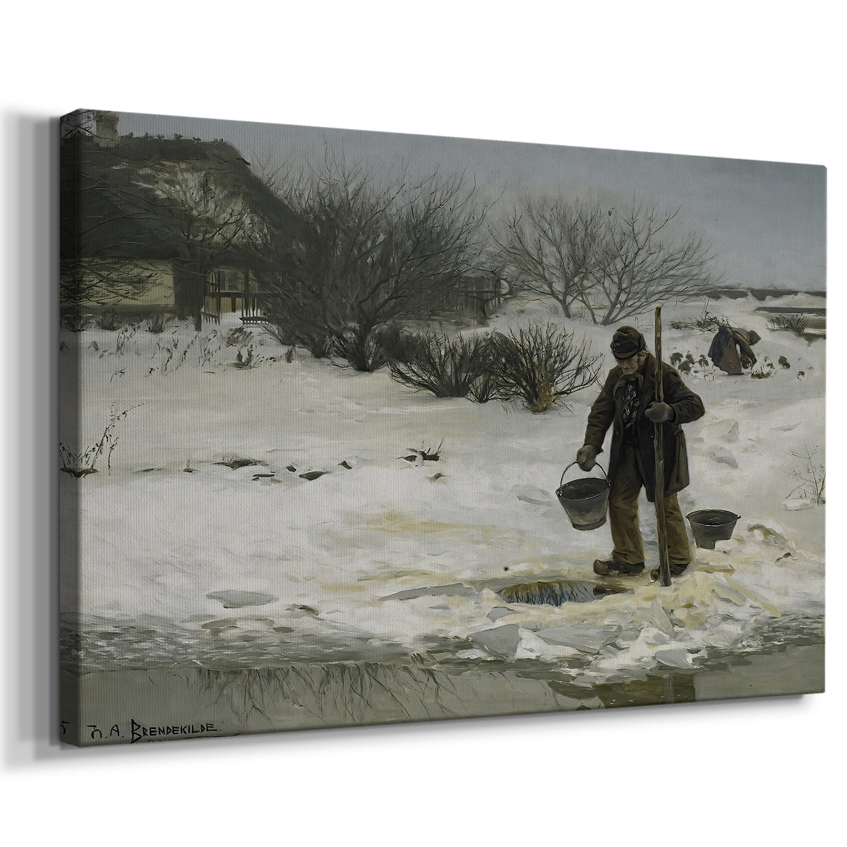 Canvas art print featuring a rural winter scene with people braving snowy conditions, displayed at an angle