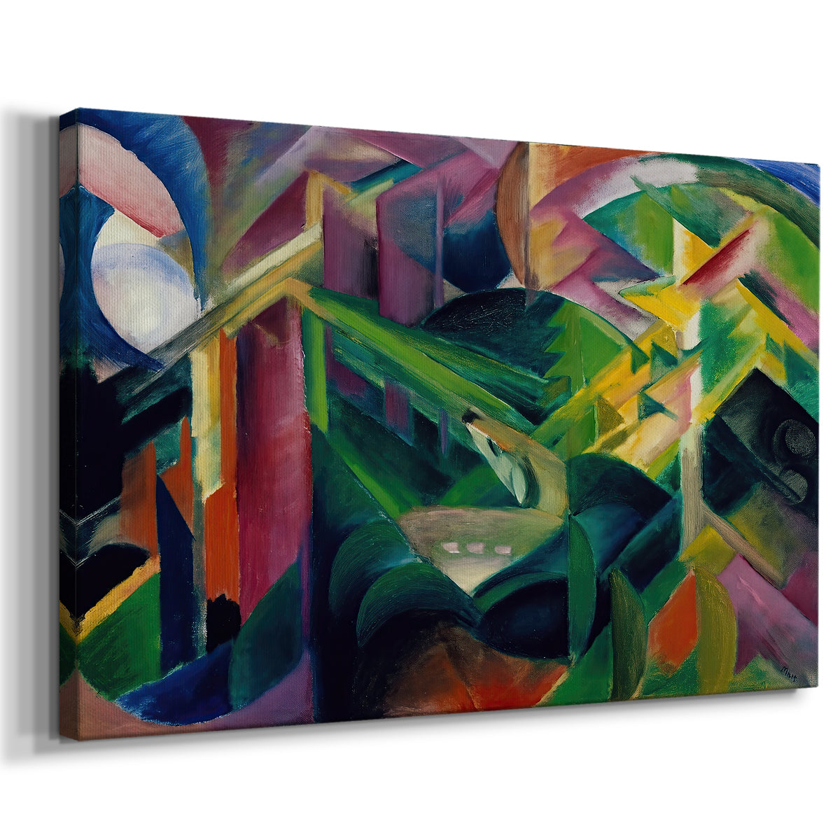 Canvas art print featuring an expressionist animals placed in structured, colorful environment, displayed at an angle
