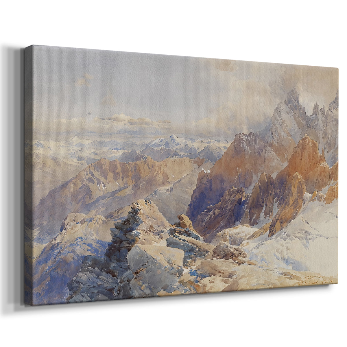 Canvas art print featuring a high mountain landscape featuring dramatic ridges and glacier terrain, displayed at an angle