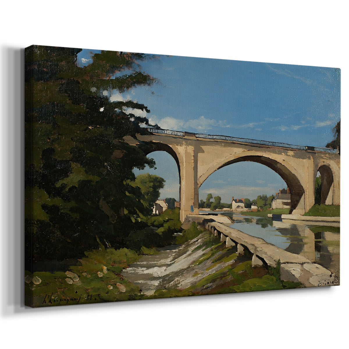 Canvas art print featuring an architectural landscape with bridge crossing calm river, displayed at an angle