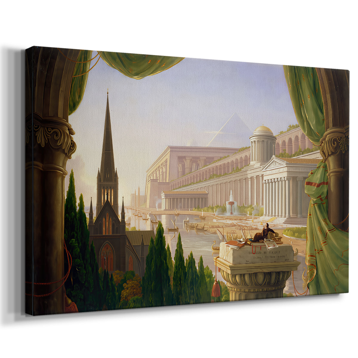 Canvas art print featuring a grand architectural fantasy with multiple historical structures in unified composition, displayed at an angle