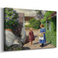 Canvas art print featuring a rural street scene with figures moving through sunny village, displayed at an angle