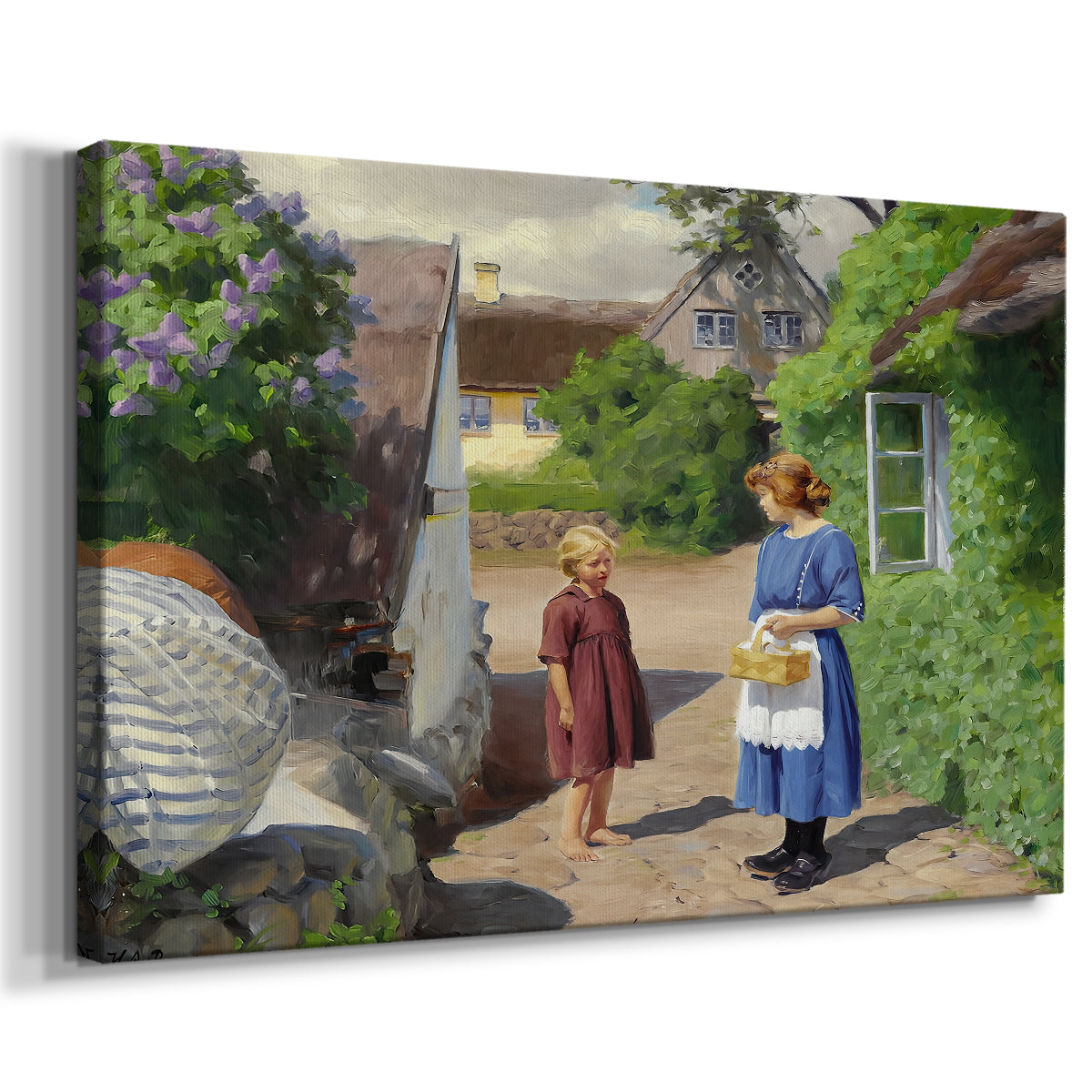 Canvas art print featuring a rural street scene with figures moving through sunny village, displayed at an angle