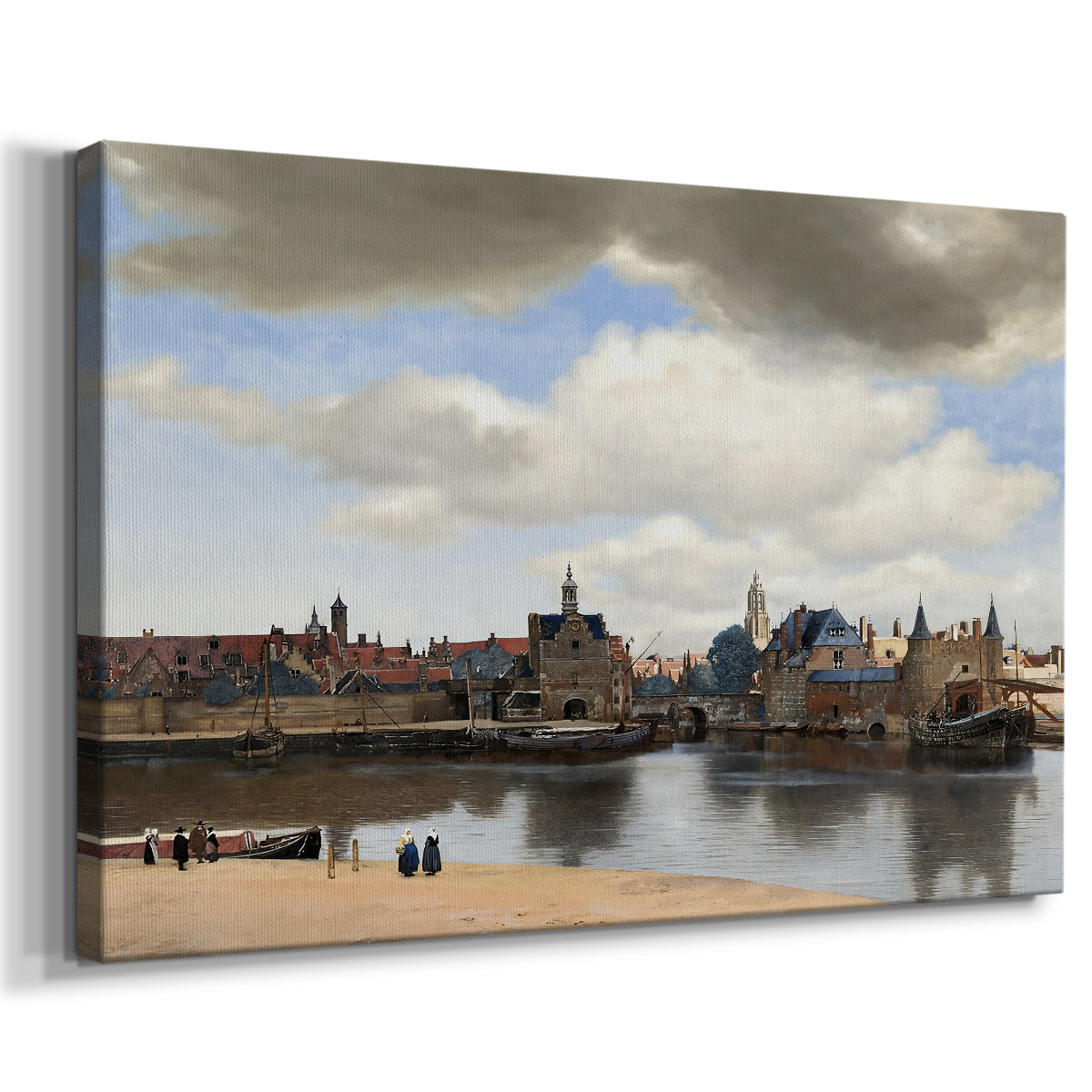 Canvas art print featuring an urban landscape with waterfront and architecture, displayed at an angle