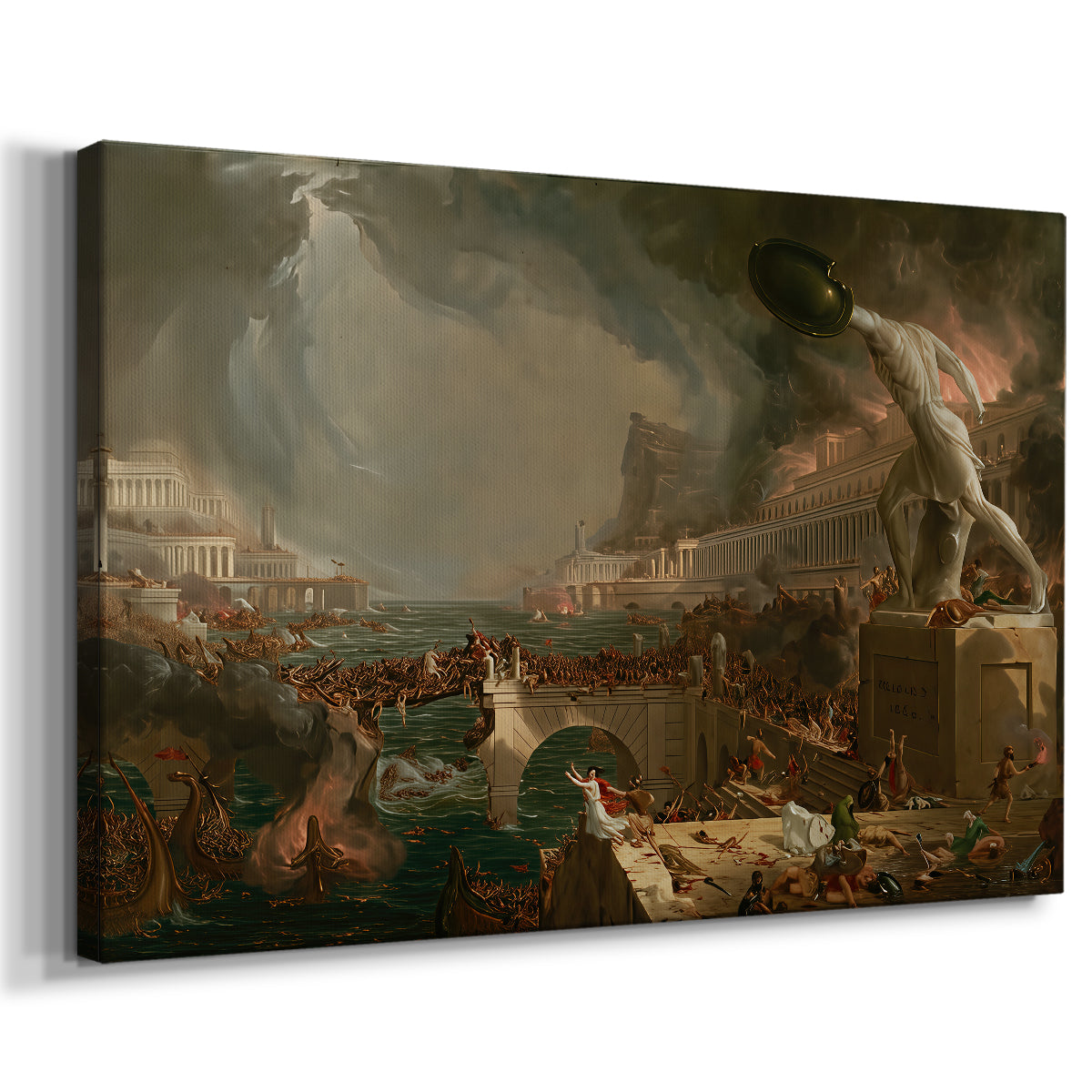 Canvas art print featuring a dramatic scene of destruction with fire and conflict, displayed at an angle