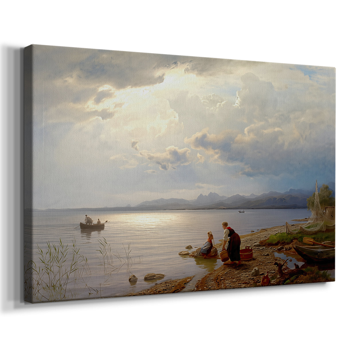 Canvas art print featuring a lakeside scene with people near water’s edge, displayed at an angle
