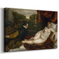 Canvas art print featuring a Renaissance interior scene with Venus, musician, and resting dog, displayed at an angle