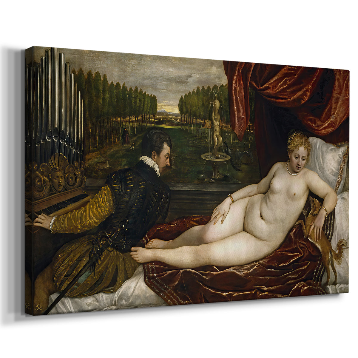 Canvas art print featuring a Renaissance interior scene with Venus, musician, and resting dog, displayed at an angle
