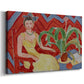 Canvas art print featuring an expressive portrait of a woman against a patterned background, displayed at an angle