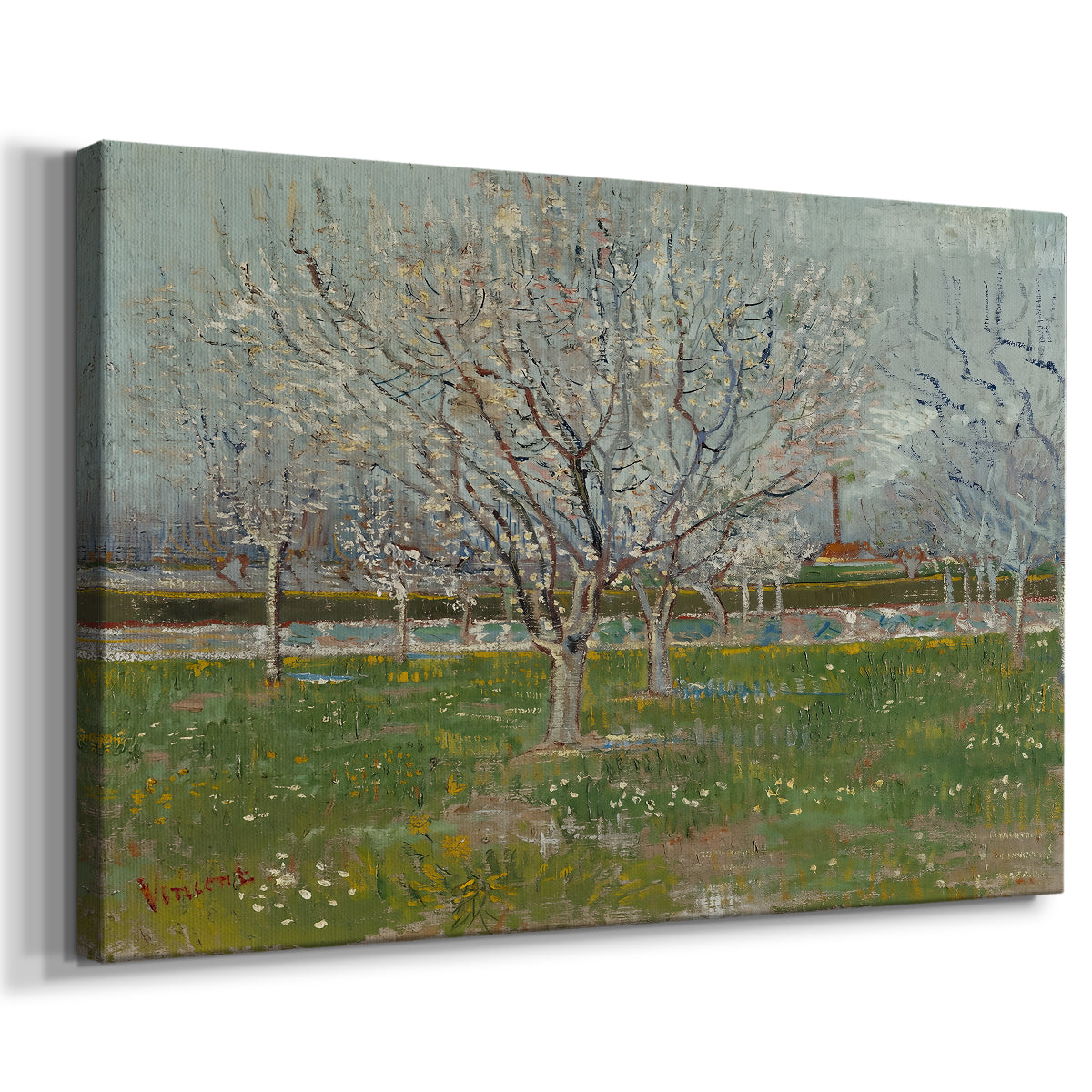 Canvas art print featuring a spring scene with repeating rows of flowering trees, displayed at an angle