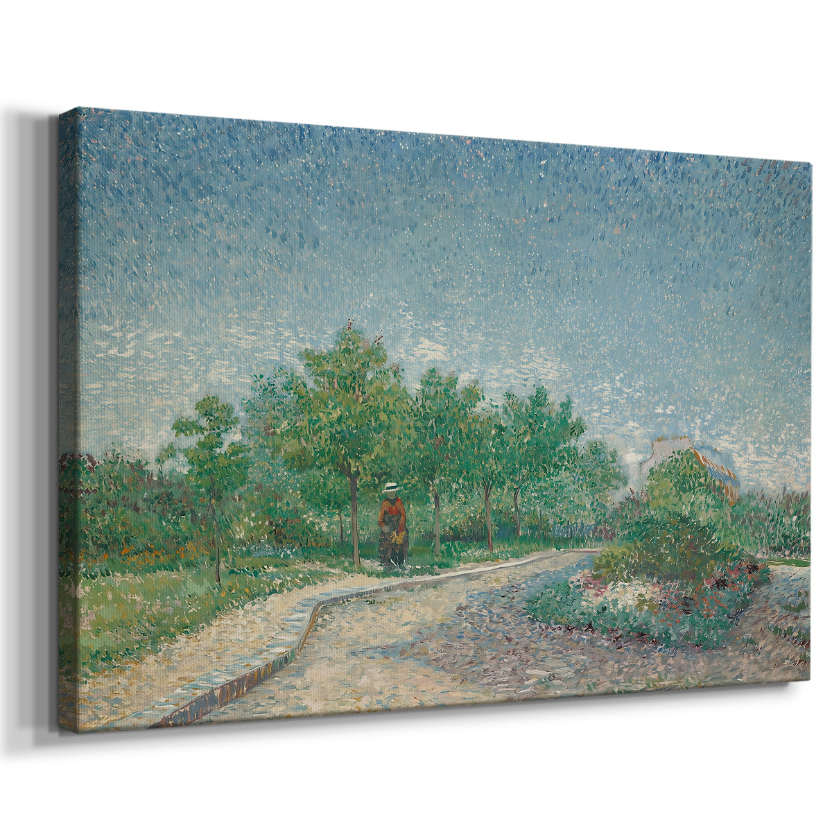 Canvas art print featuring an expressive city landscape with greenery and walkways, displayed at an angle