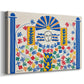 Canvas art print featuring a colorful abstract scene with bold shapes and symbolic forms, displayed at an angle